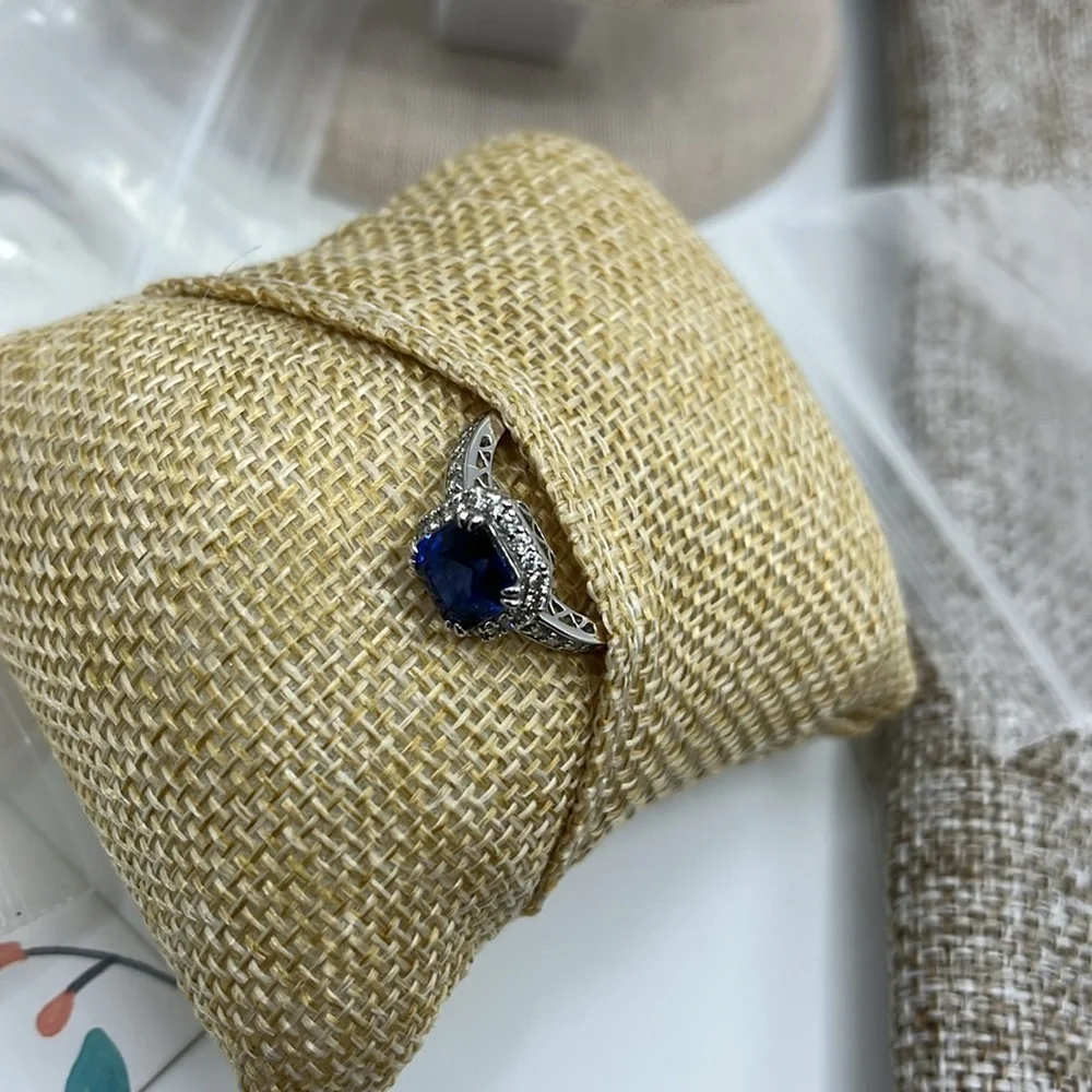 Sterling Silver 925 ๐ Blue Sapphire CZ Halo Ring - Size 7 - Picture 10 of 17